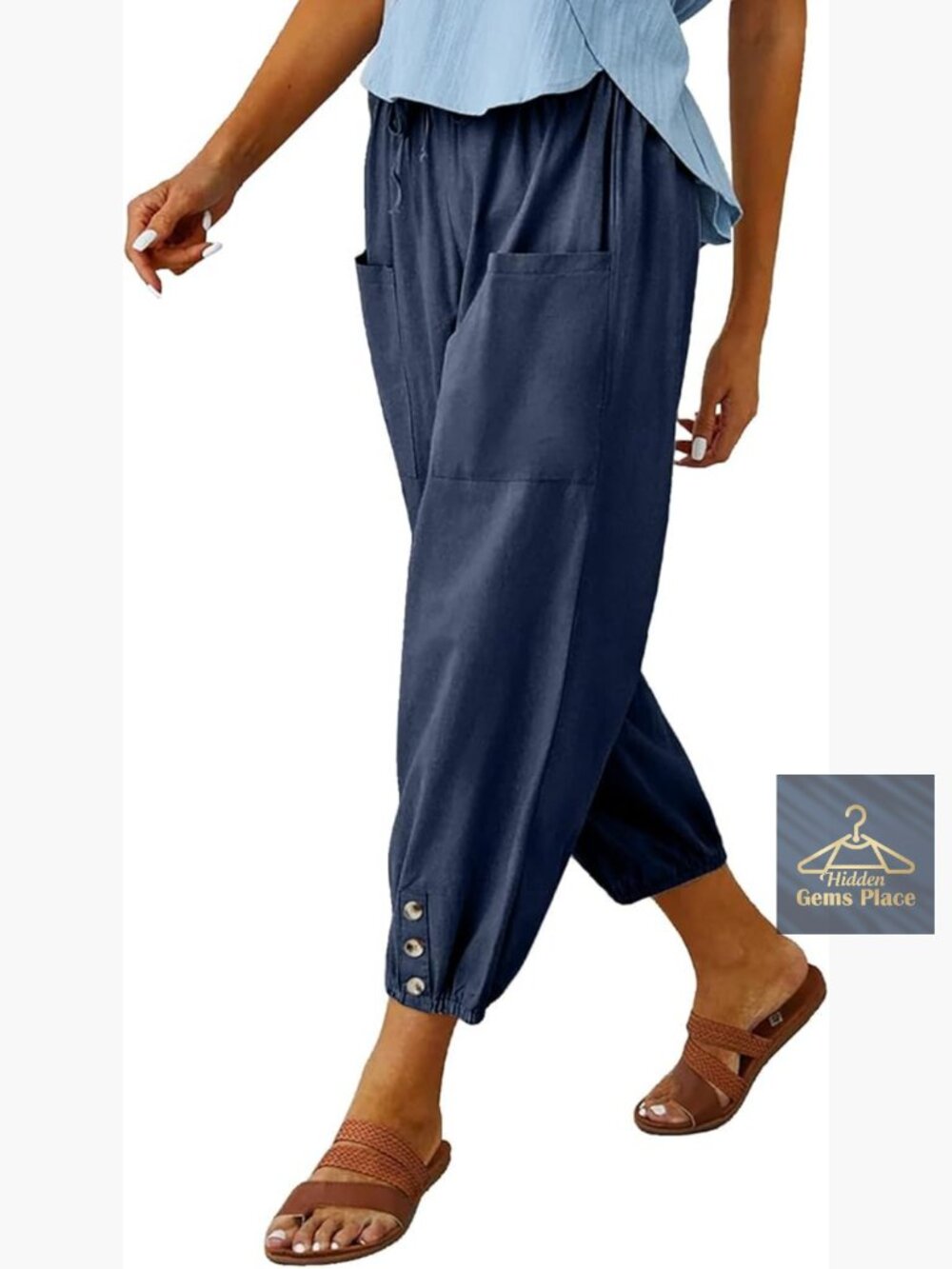 Elastic High Waisted Loose Harem Capri Pants with Pockets